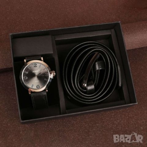 Подаръчен комплект Колан в черен цвят заедно с часовник кафяв/черен, снимка 3 - Подаръци за мъже - 45766231