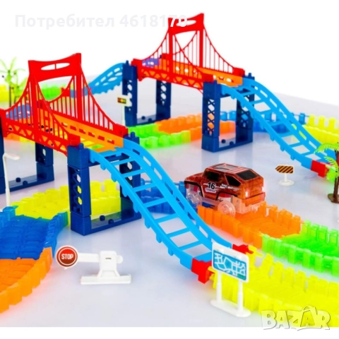 Magic Tracks светеща писта от 360 части, 2 броя колички с лед светлини, мост и пътни знаци, снимка 8 - Коли, камиони, мотори, писти - 52385907
