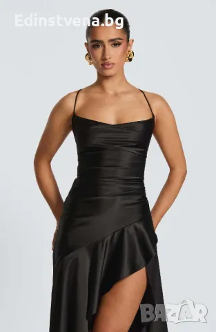 Дамска елегантна сатенена вечерна рокля с висока цепка и гръб с връзки в черно, снимка 6 - Рокли - 50419045