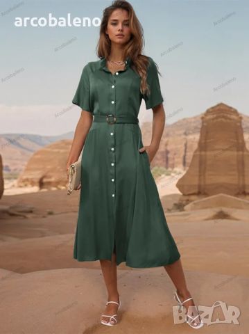 Нов стил, едноредна зелена рокля с ревер, снимка 1 - Рокли - 45198163