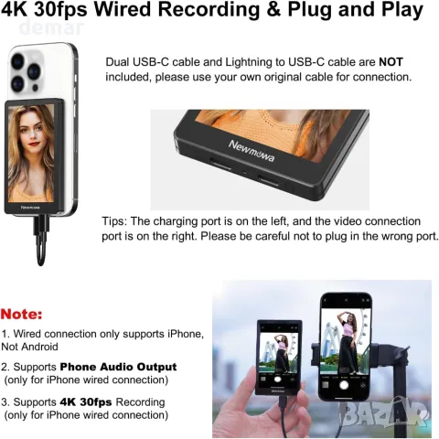 Newmowa 4K 30fps кабелен+1080P безжичен екран, 2 в 1 магнитен за селфи, снимка 3 - Селфи стикове, аксесоари - 49494619