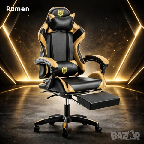Черен геймърски стол с златисти акценти и разтегляема поставка за крака , снимка 2 - Столове - 53238169