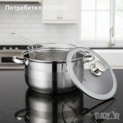 Тенджера с кошница за пържене и стъклен капак Cheffinger Ø24 см – инокс, 6,5 л, за всички котлони, снимка 3 - Съдове за готвене - 53322311