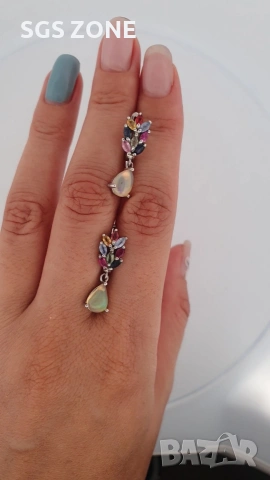 Сребърни обеци с многоцветен сапфир и опал от Тайланд, снимка 4 - Обеци - 53440822