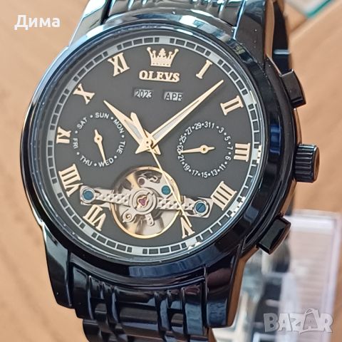 Olevs Automatic Skeleton Calendar, 3 ATM, HD Luminous Мултифункционален,Черен Циферблат, снимка 4 - Мъжки - 45211176