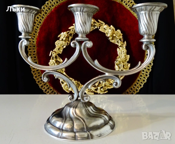 Троен свещник,свещник тройка от калай,Art Nouveau. , снимка 3 - Антикварни и старинни предмети - 52504488