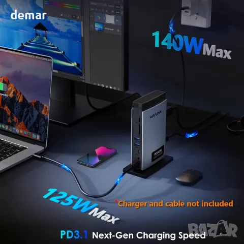 WAVLINK USB C докинг станция 125 W зареждане, 11-в-1 с 8K HDMI*2+8K DP, снимка 3 - Друга електроника - 47446167