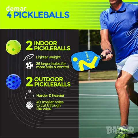 Reach Sports Pickleball комплект – 2 ракети от фибростъкло, 4 топки, чанта за носене, снимка 5 - Други спортове - 48863790