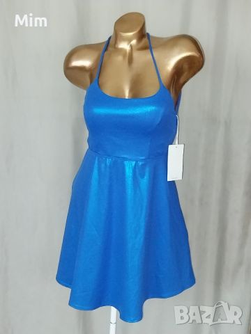 HALARA S Синя еластична рокля с брокатен отблясък, снимка 4 - Рокли - 45444808