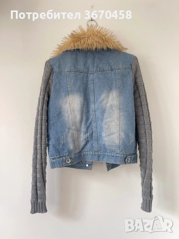 Дамско дънково яке с пухкава яка и плетени ръкави М размер, снимка 2 - Якета - 53721478