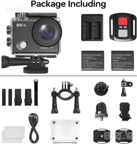 НОВА Speed ​​10 Екшън камера 5K 30FPS Водоустойчива 30 метра, 5X увеличение, 2 x 1350mAh батерия, снимка 4 - Камери - 50529840