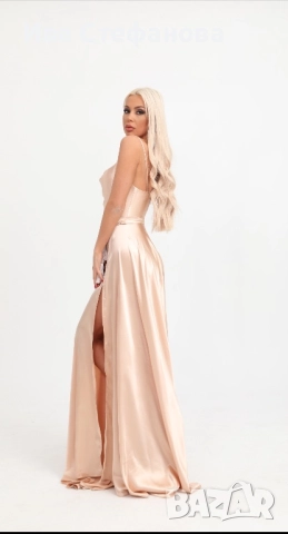 Нова дълга официална парти коктейлна екрю бежова рокля сатен сатенена дизайнер Дидо Георгиев , снимка 7 - Рокли - 50042834