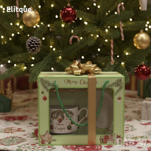 Коледен подаръчен комплект – Керамична чаша с лъжичка и чинийка в празнична кутия, снимка 5 - Декорация за дома - 52575643