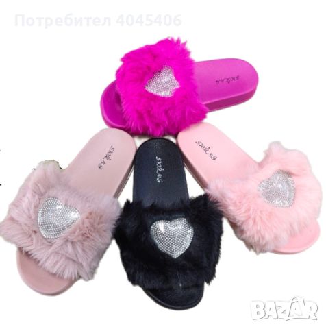 Сладки дамски чехли с пух и романтично сърчице, снимка 2 - Чехли - 45428241