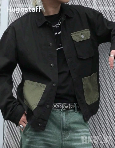 Ново мъжко карго дънково яке риза черно военни джобове деним памук XХЛ, снимка 5 - Якета - 52635123