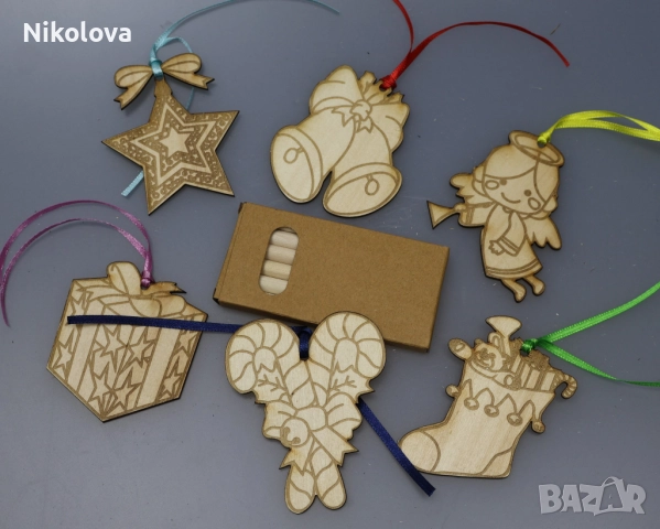 Сет от 6 коледни фигурки за оцветяване с цветни моливи – творчески комплект, снимка 4 - Други - 52276454