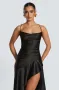Дамска елегантна сатенена вечерна рокля с висока цепка и гръб с връзки в черно, снимка 6