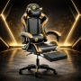 Черен геймърски стол с златисти акценти и разтегляема поставка за крака , снимка 2