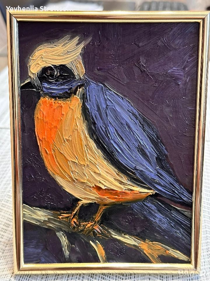 картина в золотой рамке ПТИЦА НА ВЕТКЕ, снимка 1