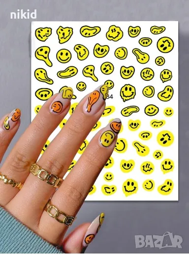 84 Еможи Емотикон Смайли Emotion Emoji Smile лист татос ваденки водни стикери нокти маникюр слайдери, снимка 1