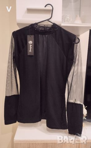 ЛОТ 5 дамски черни топа черна блуза с мрежа риза с пайети потник кроп топ с гол гръб Amisu , снимка 6 - Корсети, бюстиета, топове - 45538526