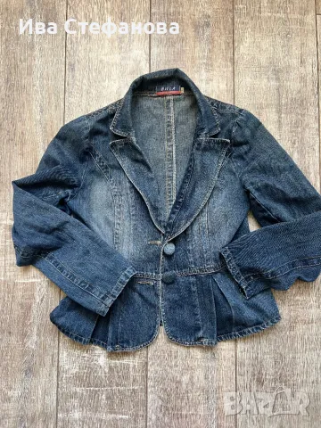 Дамско дънково кокетно яке тип сако ежедневно елегантно еластичен син  деним 
