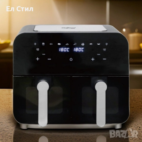Двоен фритюрник с горещ въздух Cheffinger 9 л с дигитален дисплей, стъклен прозорец, снимка 2 - Фритюрници - 53572680