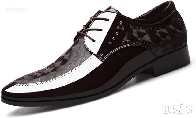 Мъжки официални обувки, гланцови, кожени, стилни, остри, кафяви, размер 45, снимка 1 - Официални обувки - 46308011
