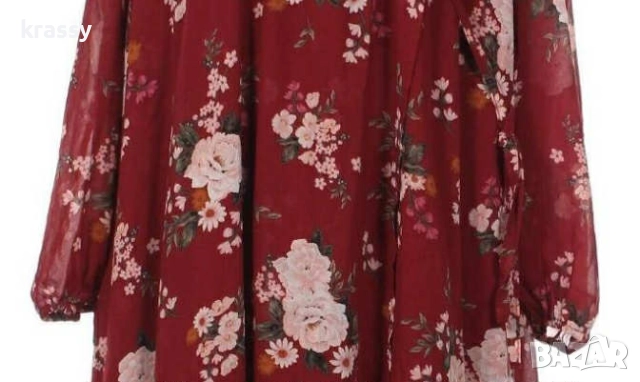 Страхотна голяма дамска флорална рокля с дълъг ръкав и голи рамене (размер 3ХЛ), снимка 2 - Рокли - 52621458