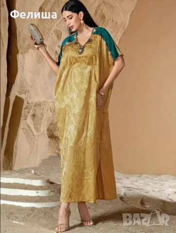 Лимитирана Арабска Жакард Златна Рокля с Инкрустирани Зелени Изумрудени Камъчета и Блестящи Мъниста, снимка 5 - Рокли - 51006223
