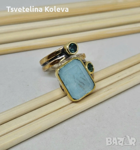 Масивен сребърен пръстен с Аквамарин и Турмалини, снимка 3 - Пръстени - 53762730