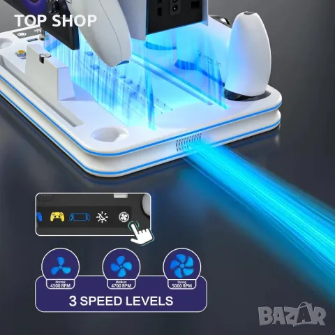 Стойка и охладителна станция с RGB LED, станция за зареждане, PS5 / PS5 Slim, бяла, снимка 2 - Аксесоари - 49340609