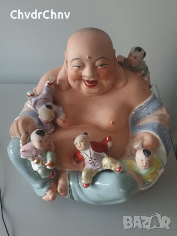 Голяма порцеланова фигура на щастлив Буда с деца/33см статуетка Laughing Buddha With 5 Children, снимка 1 - Статуетки - 46801540