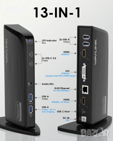 Докинг станция WAVLINK DisplayLink 13-в-1 USB-C, 4K HDMI, 2K HDMI, DVI, снимка 2 - Кабели и адаптери - 53373736