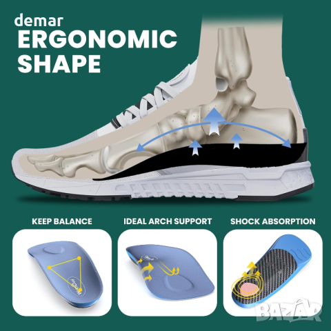 Welnove Поддържащи 3/4 стелки за обувки за дъга на плантарен фасциит, размер 39-44, снимка 4 - Ортопедични стелки - 45072713