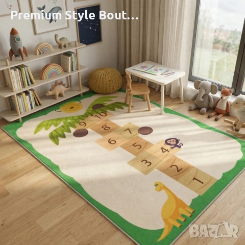 Детски килим за игра 120х160см - Бял килим с динозавър и дама-палма, противоплъзгащ и миещ се, снимка 2 - Други стоки за дома - 53922512