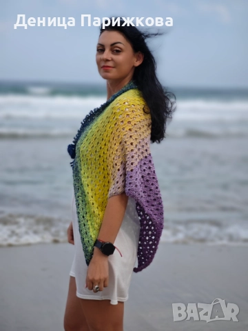 Ръчно плетен триъгълен шал наметка "Лунна нощ" , снимка 15 - Шалове - 52771222