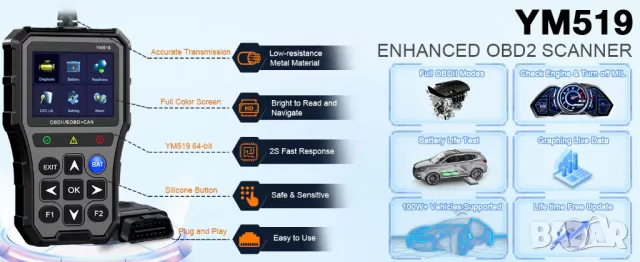 Професионален автомобилен диагностичен кодочетец YM519 Full OBD2 EOBD, снимка 17 - Аксесоари и консумативи - 48217491