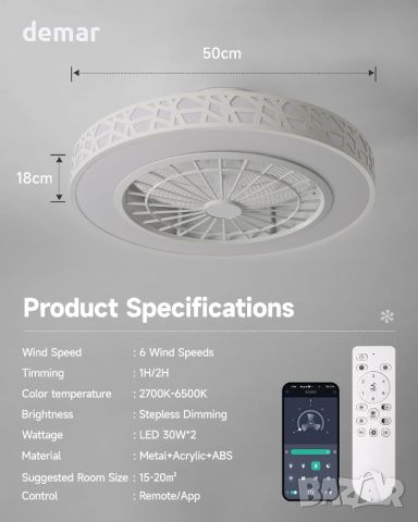 Таванен вентилатор XEMQENER със светлини, Φ50CM, димиране, 6 скорости, снимка 6 - Други стоки за дома - 45622762