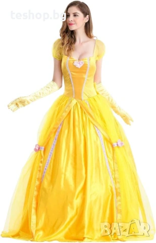 Дамска рокля, костюм на Бел, за възрастни, „Красавицата и Звяра“ размер М + ръкавици, снимка 2 - Рокли - 53490253