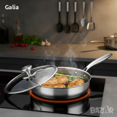 Тиган с капак Дълбок, Незалепващо Покритие, Неръждаема стомана, снимка 4 - Съдове за готвене - 53719213