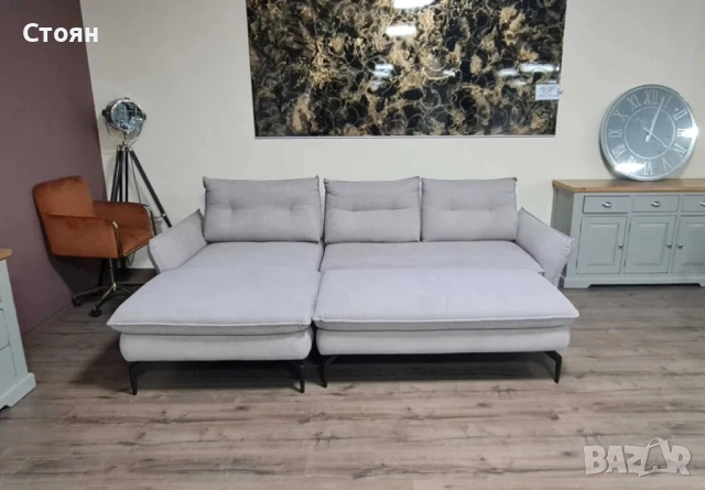 Сив ъглов диван от плат и табуретка "Alexis", снимка 2 - Дивани и мека мебел - 51966539