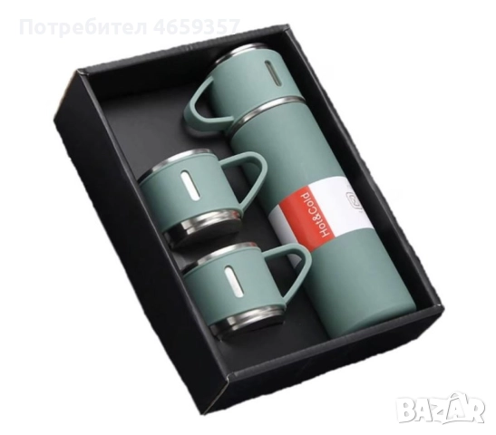 Подаръчен комплект термос с 3 чаши, зелен, розов, сив, снимка 2 - Аксесоари за кухня - 52584297