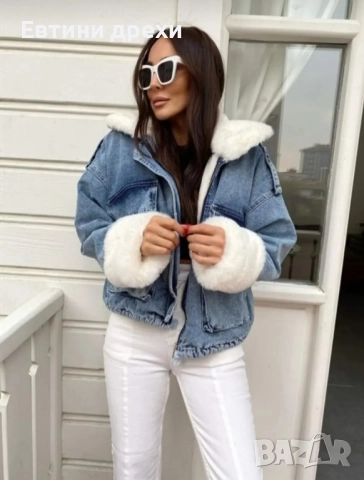 Дамско дънково яке с пух, снимка 1