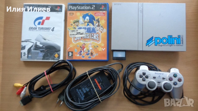 Sony PlayStation 2 Slim Silver Edition с чип ModBo + Gran Turismo 4 + Sega Superstars
