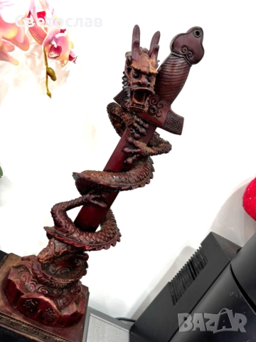 👉 🐉 Масивен китайски дракон с меч – 53 см, над 10 кг | Фън Шуй символ, снимка 2 - Антикварни и старинни предмети - 52792495