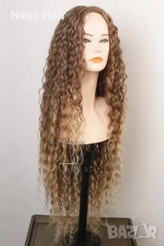 Омбре къдрици 80 см - кафява перука с реалистичен път 13x4x1, снимка 5 - Аксесоари за коса - 52878649