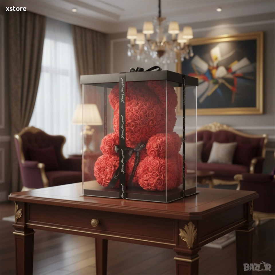 Мече изработено от рози с панделка, 38см, снимка 1