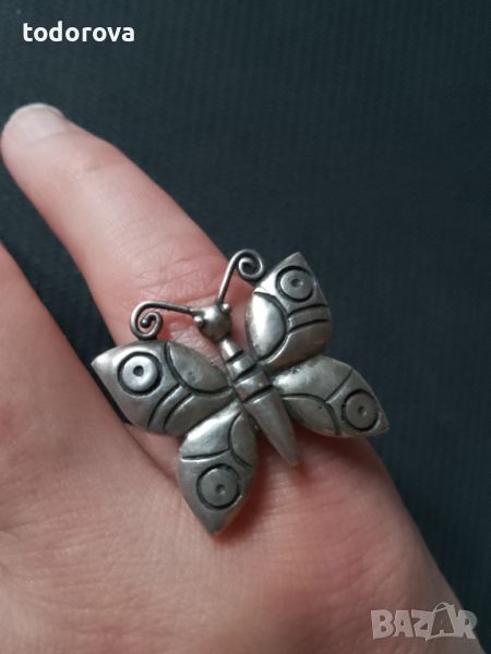 Уникат- старинен сребърен пръстен с пеперуда , снимка 1