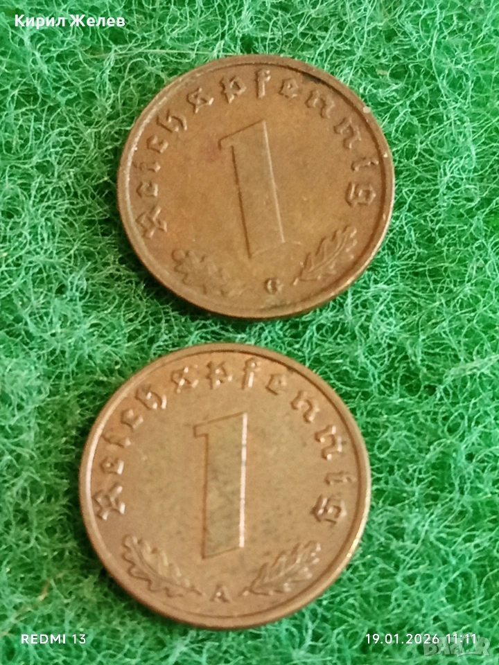 Две монети 1 райхсфенинг 1940г. Трети Райх Германия с свастика 53327, снимка 1